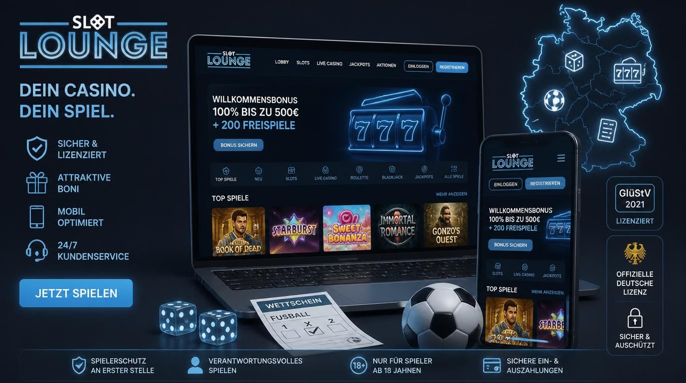 Eine stilisierte Deutschlandkarte, verbunden mit Glücksspiel-Icons und der Slotlounge-Webseite auf einem Gerät.