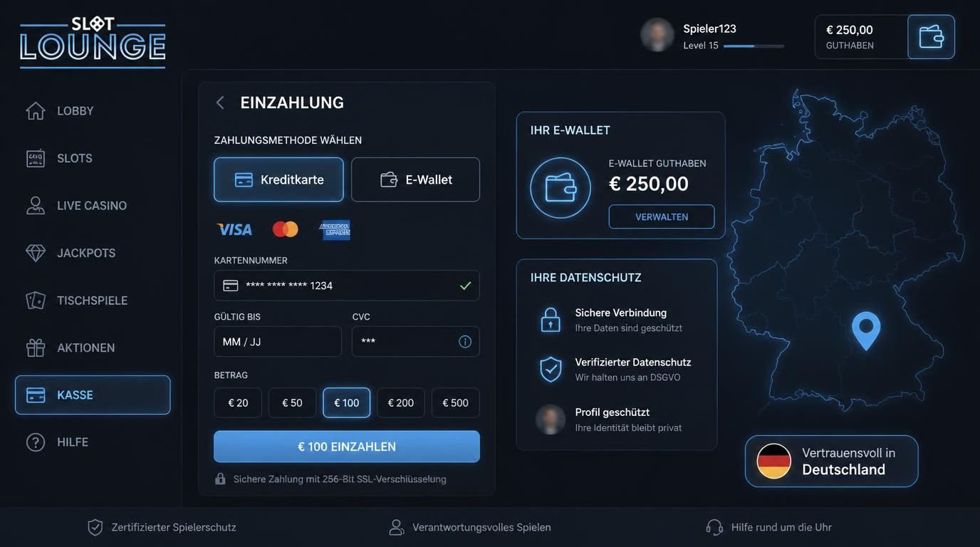 Einzahlungsoptionen mit Kreditkarte, E-Wallets und Datenschutzvisualisierung