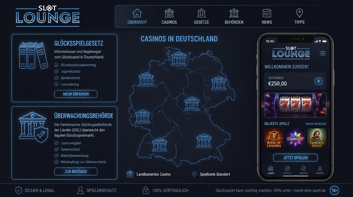 Deutschlandkarte mit Casino-Icons, Glücksspielgesetz und Handy-App.