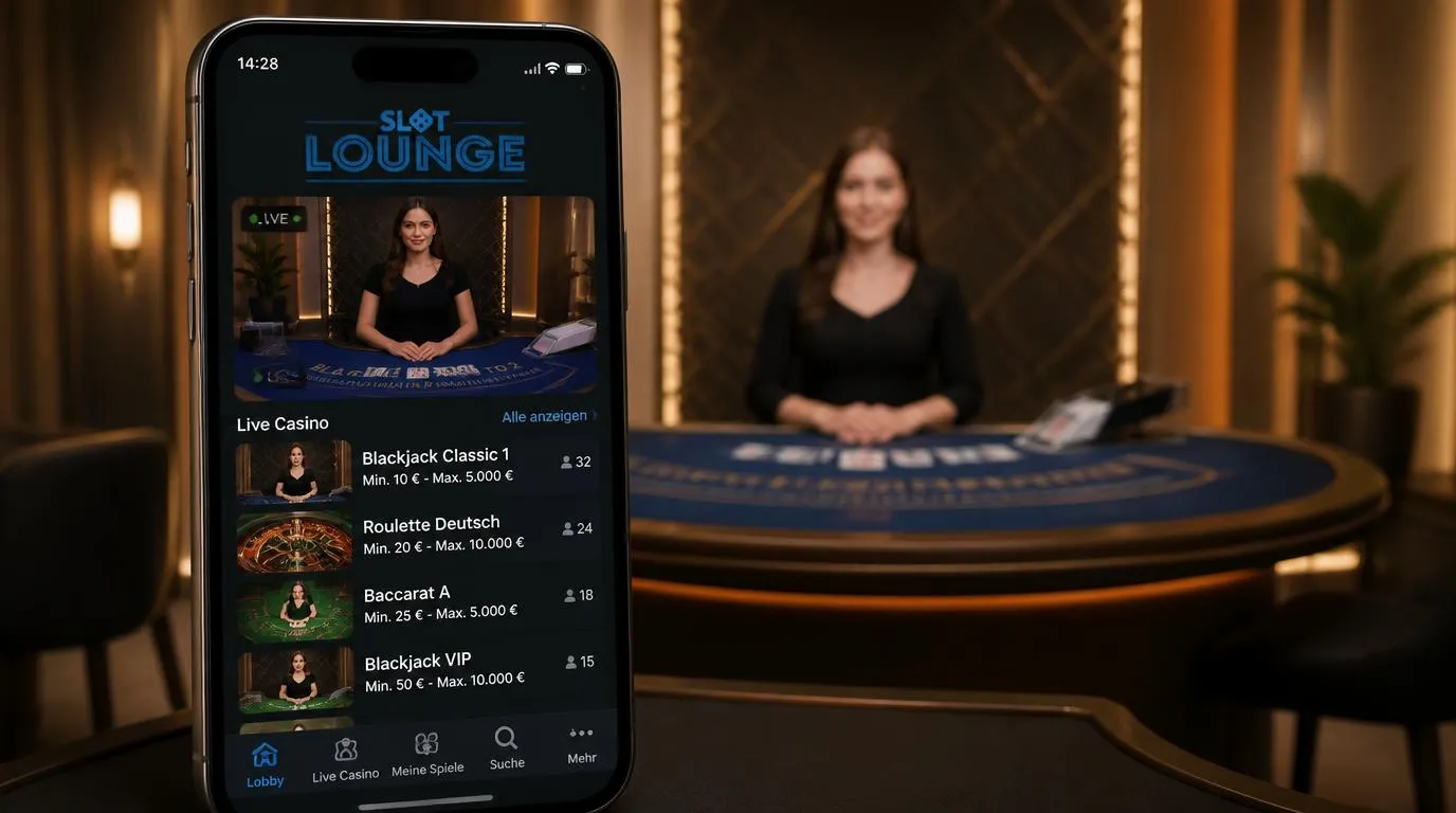 Smartphone mit Live-Casino-Tisch, Videostream und gut sichtbaren Einsatzgrenzen
