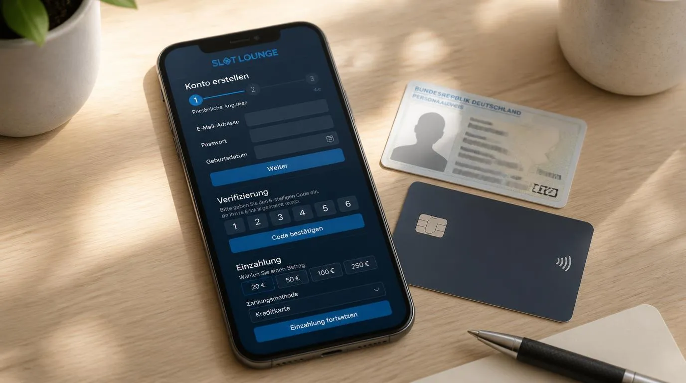 Smartphone mit Registrierungsformular neben Ausweis und Karte für die erste Casinoeinzahlung