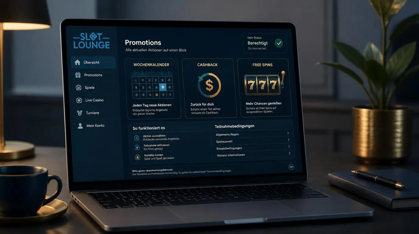 Casino-Aktionsseite mit Wochenkalender, Cashback-Kachel und Freispiel-Symbol