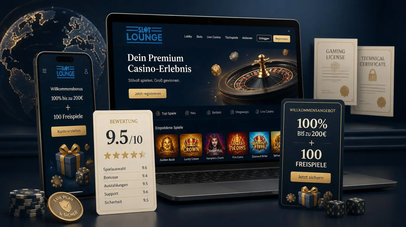 Casino-Bewertung mit 9,5 von 10 Punkten neben Willkommensangebot und Smartphone